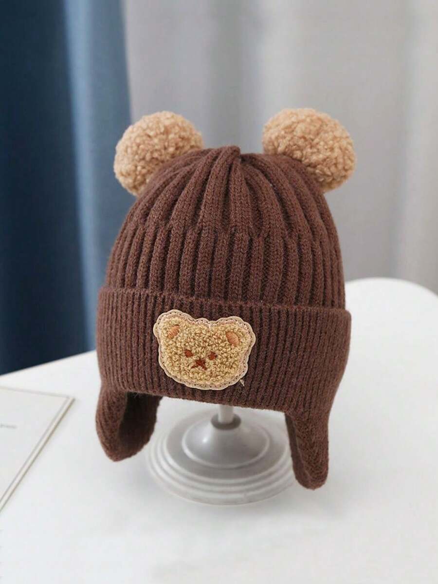 Baby Hat With Cute Bear Design, Knitted Earflap Beanie, Thickened, Warm, Suitable For Winter - Mocha Brown - View 1
