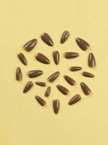 24 Uñas Cortas Con Forma De Almendra, Color Sólido, Color Café, Brillante, Estilo Simple, Reutilizable, Adecuado Para Uso Diario Y Festivo. - Multicolor - Ver 3