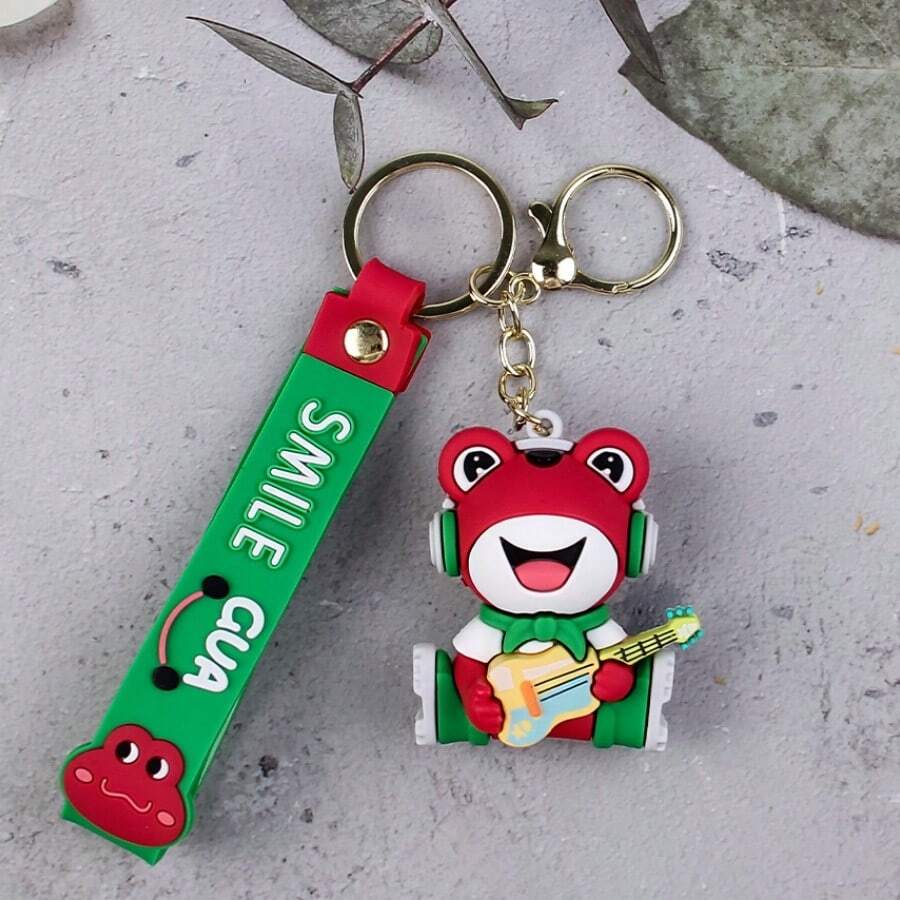 1入創意可愛的3d音樂青蛙pvc鑰匙扣,掛在包包上的裝飾,汽車鑰匙扣,可愛的兒童鑰匙扣禮物,可愛的背包吊飾卡通男孩女孩動物鑰匙扣女士,男士或情侶禮物 - 紅色 - 查看 1
