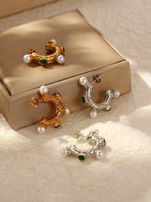 1pair Fashionable And Luxurious Vintage Stainless Steel Earrings Embedded With Pearl And Rhinestone, Suitable For Women's Daily Wear - Yellow Gold - View 2