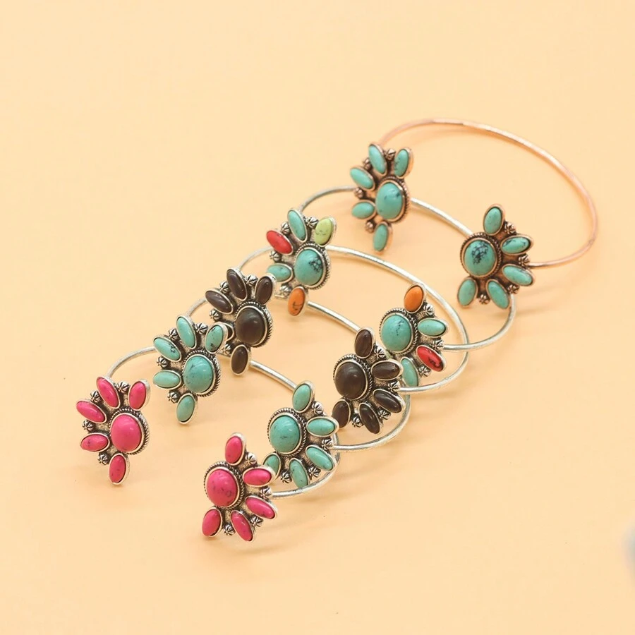 1入組左右對稱的蝴蝶形古銀&古銅掛綠松石開口手環,波西米亞風格女性珠寶