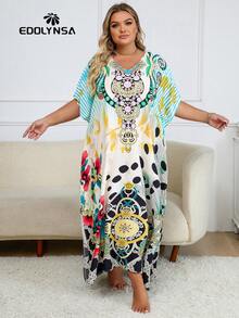 Plus Size Tropical Print Batwing Sleeve Kaftan Dress - Multicolor - View 4
