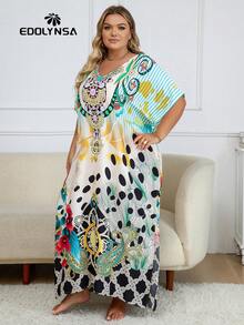 Plus Size Tropical Print Batwing Sleeve Kaftan Dress - Multicolor - View 6