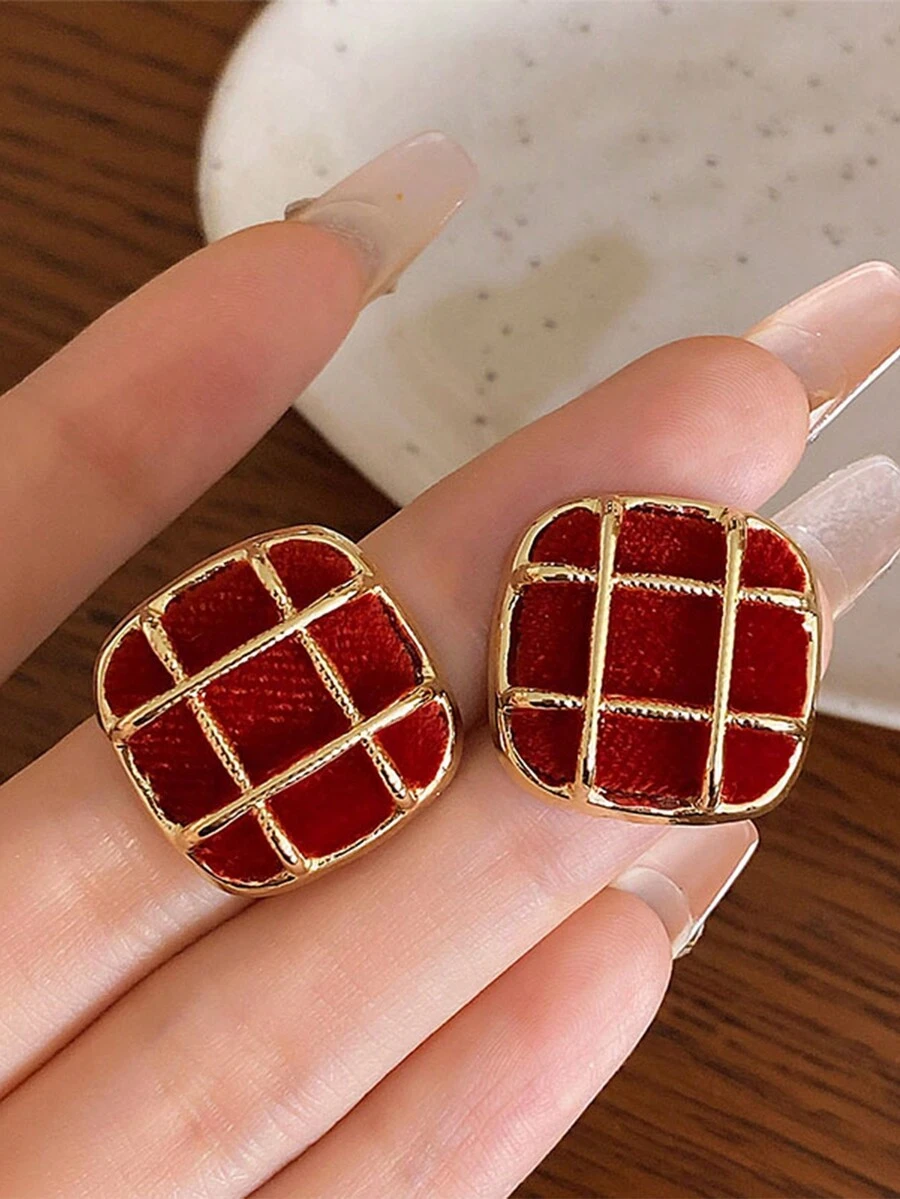1 對女士方形紅色耳環 - 紅色 - 查看 1