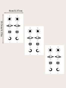 3入組涼感圖案月亮太陽行星暫時性刺青貼紙 - 黑色 - 查看 5