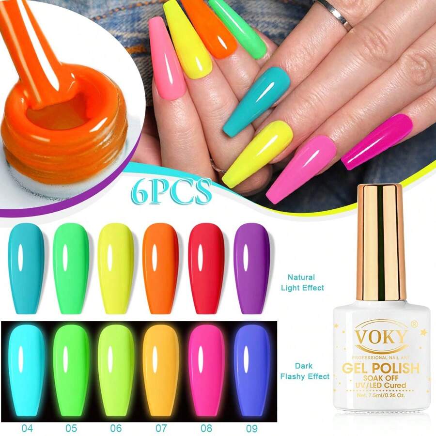 VOKY 全新6入組7.5ml發光變色凝膠指甲油套裝,浸泡式uv Led溫度變化指甲凝膠甲油,diy家庭或美甲沙龍,禮物 - 彩色 - 查看 1