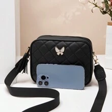 Quilted Square Crossbody Bag, Classic Metal Decor Zipper Purse, Faux Leather Shoulder Bag