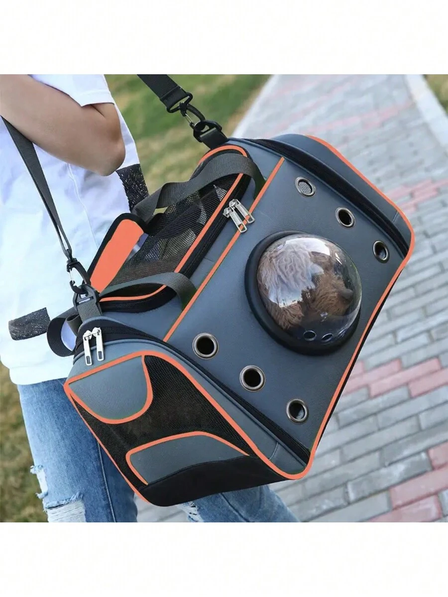 Bolsa transportadora plegable para gatos medianos y pequeños, perros y cachorros. Bolsa portatil transpirable para mascotas, color gris con lineas naranja o verde. - Naranja - Ver 1