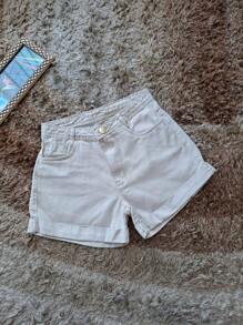 Women Denim Shorts - 米色 - 查看 1