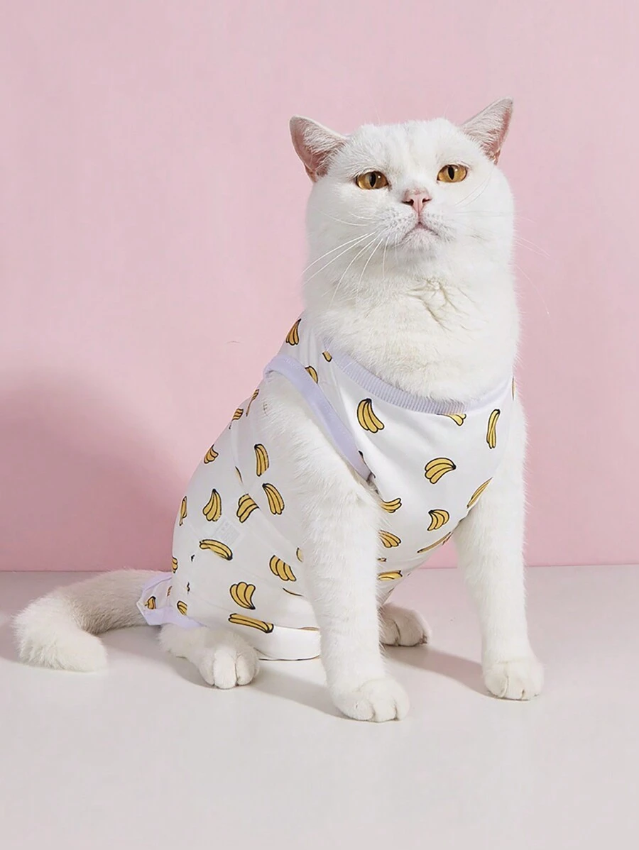 HOLAPET 1pc Printed Cat Surgery Recovery Suit, Four Legs Combines Clothes, Breathable, Comfortable For Pet - Yellow - View 1
