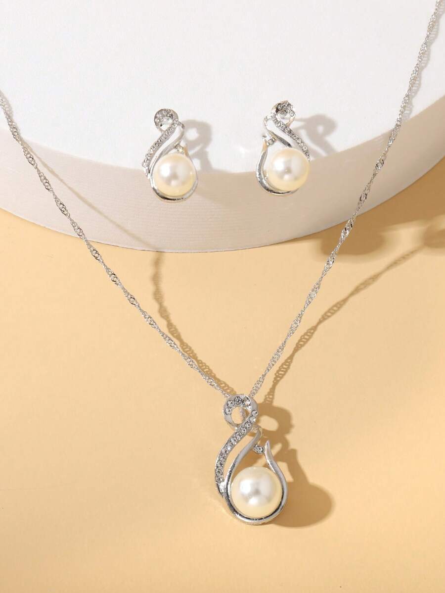 1 set/1 st halsband och 1 par örhängen, charmigt kristallpärlhänge med droppformade halsband och örhängen, present till kvinnor på helgdagar och födelsedagar - Silver - Visa 1