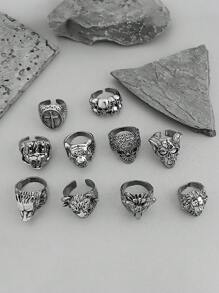 10pcs Punk Style Rings Set Including Skull, Wolf, Lion, Buddha Head Shaped Men's Rings - Antique Silver - View 3
