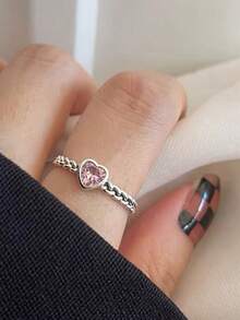 優雅精緻心形戒指,可調節開口戒指,新娘承諾週年紀念日節日禮物,情人節禮物 - 粉色 - 查看 2