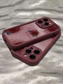 情人节玫瑰花图案手机壳，适用于 11/12/13/14 Pro Max/15/16 Pro Max，采用酒红色优质竹材制成，饰以绿叶和粉色花朵。 - 彩色 - 查看 3