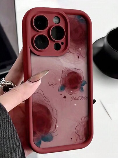 Valentines 1pc Rose Flower Design Compatible With IPhone 11 12 13 14 Pro Max 15 16 Pro Max Phone Case, Made Of Burgundy High-Quality Bamboo Material With Green Leaves And Pink Flowers