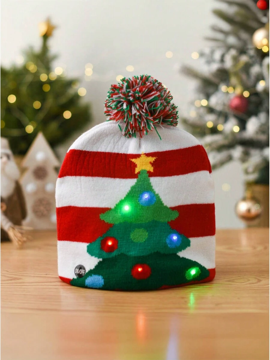 聖誕節兒童帽子,冬季帽子,聖誕老人發光聖誕樹針織帽,溫暖七彩高端聖誕帽,適用於聖誕節,適用於冬季雪天 - 彩色 - 查看 1