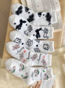 5雙女性加厚保暖毛茸茸動物櫻桃印花中筒襪,適用於家居使用 - 彩色 - 查看 2