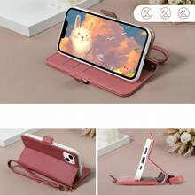兔子手機殼時尚手機保護殼，皮革手機殼，帶卡槽和手帶，可愛的日常旅行必備，可存儲卡片和零錢，適用於iPhone - 暗粉紅色 - 查看 4