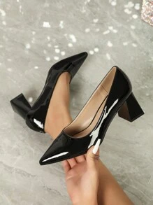 2024女装新款欧美法式舒适简约时尚优雅高端感中高跟漆皮粗跟休闲一脚蹬百搭通勤性感低帮尖头春秋四季优雅单鞋女装优雅鞋 - 黑色 - 查看 5