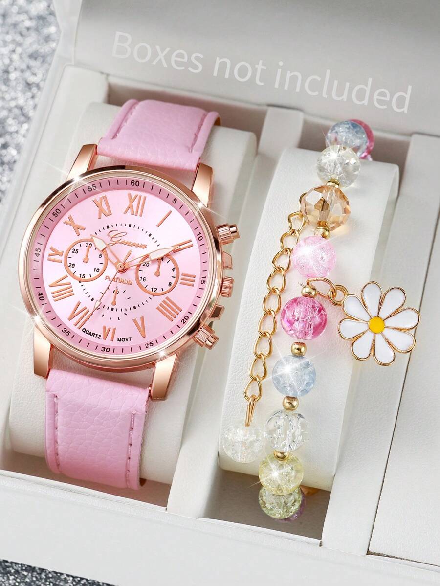 1pc Fashionable Ladies Leather Band Quartz Wrist Watch With Three Sub-Dials & Roman Numerals + 1pc Colorful Crystal Beaded Bracelet (2pcs/Set) As A Gift For Students Returning To School
