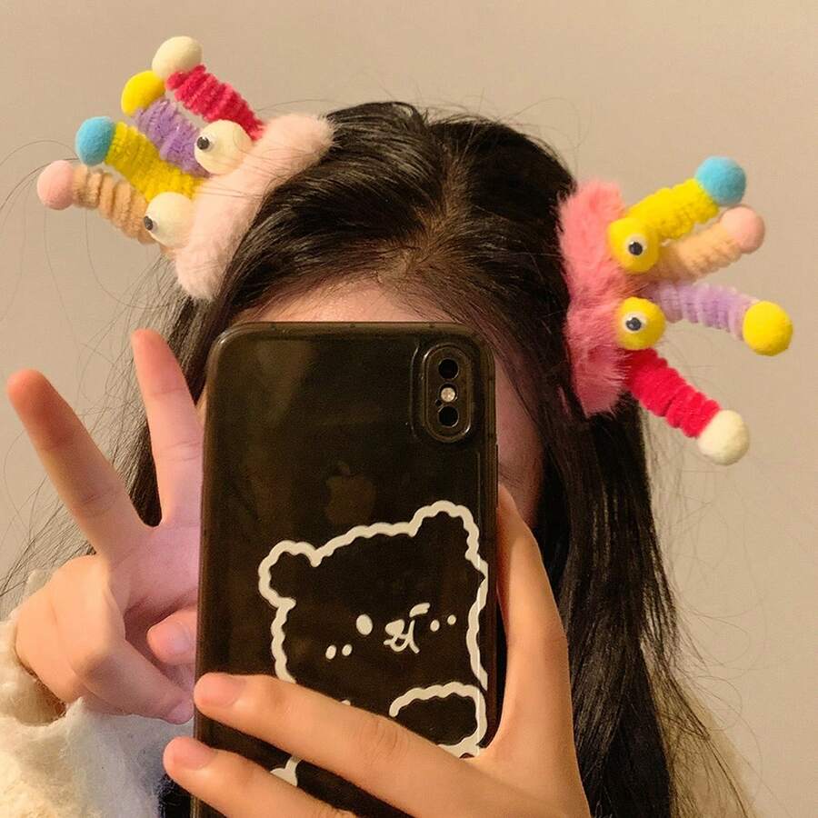 1只有趣大眼睛毛球髮夾,可愛古怪的髮飾