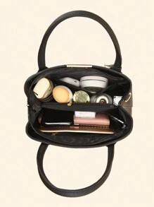 PLANEE女士縫製手提包，時尚刺繡肩袋，純色手提/肩背/斜挎包，金屬吊飾裝飾，母親節禮物 - 黑色 - 查看 3