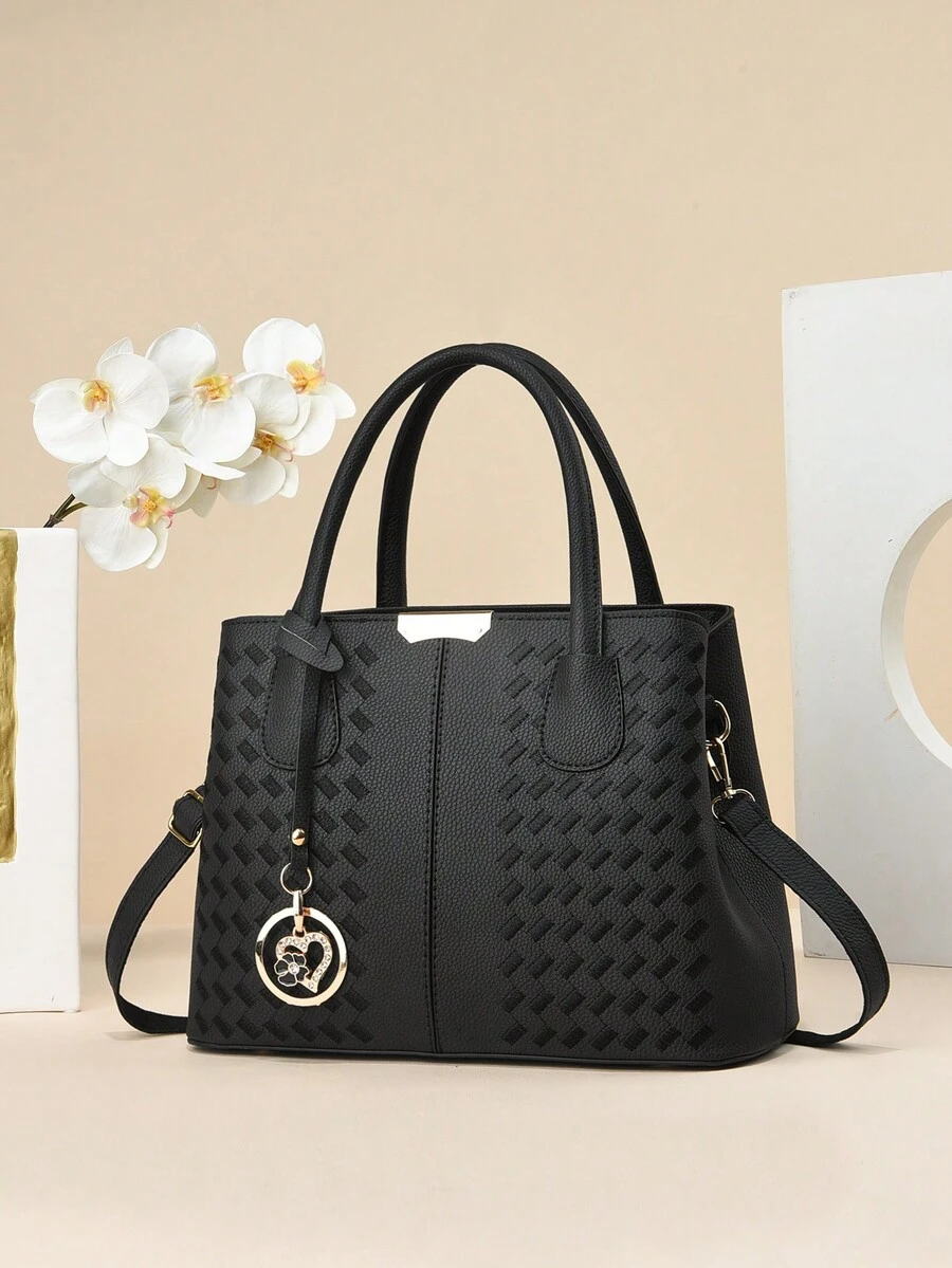 PLANEE女士縫製手提包，時尚刺繡肩袋，純色手提/肩背/斜挎包，金屬吊飾裝飾，母親節禮物 - 黑色 - 查看 1