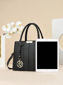 PLANEE女士縫製手提包，時尚刺繡肩袋，純色手提/肩背/斜挎包，金屬吊飾裝飾，母親節禮物 - 黑色 - 查看 4