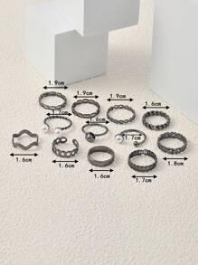 12入組時尚珍珠和扭曲設計旋轉約會戒指套裝 - 槍黑色 - 查看 2