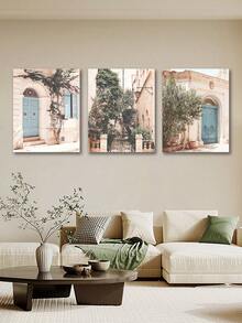 3 件套現代簡約風格帆布印花牆藝術套裝,小鎮風景元素,適合客廳和臥室,可重複使用和可拆卸 - 彩色 - 查看 6
