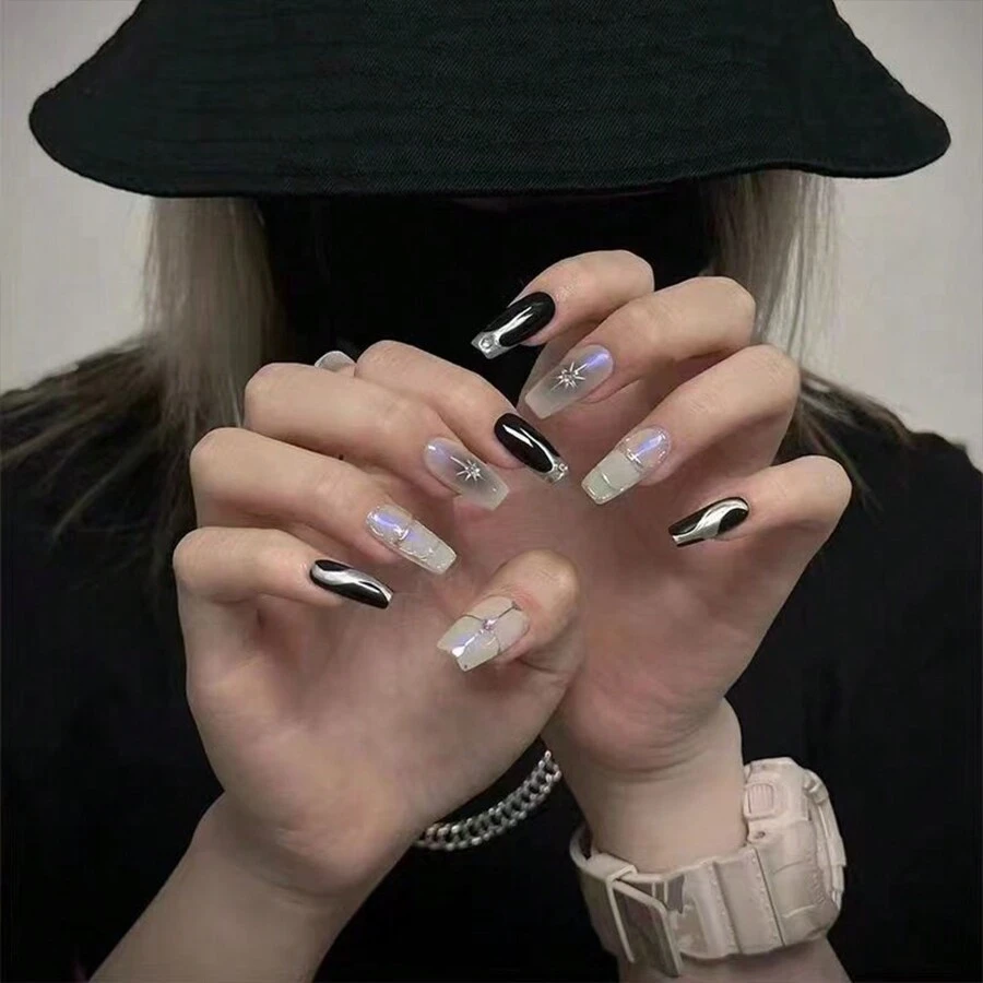 10入組夢幻y2k千禧系列魔鏡粉紅色假指甲,深色甜美&酷炫指甲藝術可穿戴 - 彩色 - 查看 1