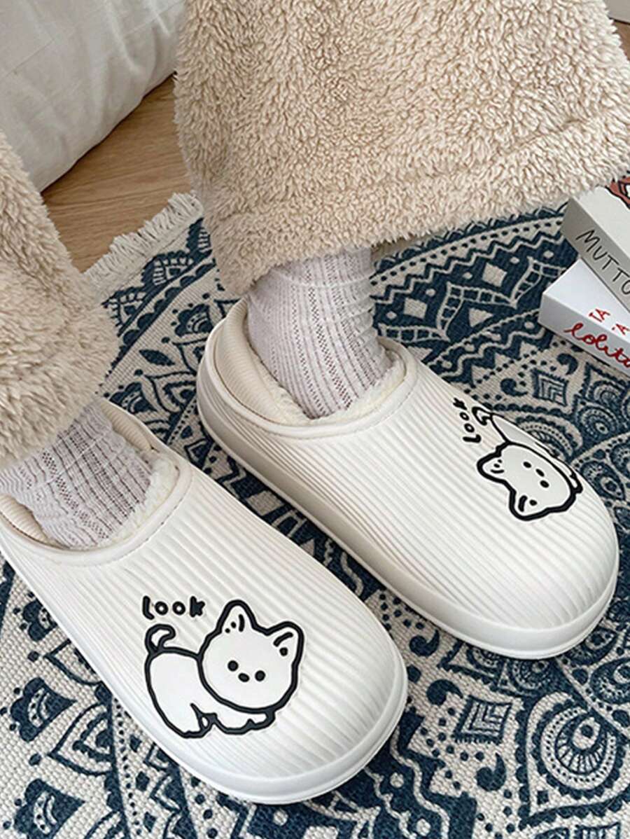 女士防水全包貓紋拖鞋,加厚防滑毛絨鞋,適用於秋冬室內/戶外 - 白色 - 查看 1