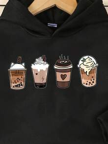 幼童女孩咖啡印花保暖連帽外套和褲套裝 - 黑色 - 查看 3