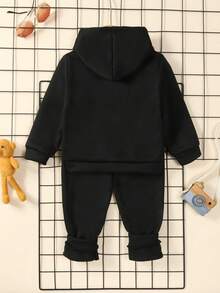 幼童女孩咖啡印花保暖連帽外套和褲套裝 - 黑色 - 查看 2
