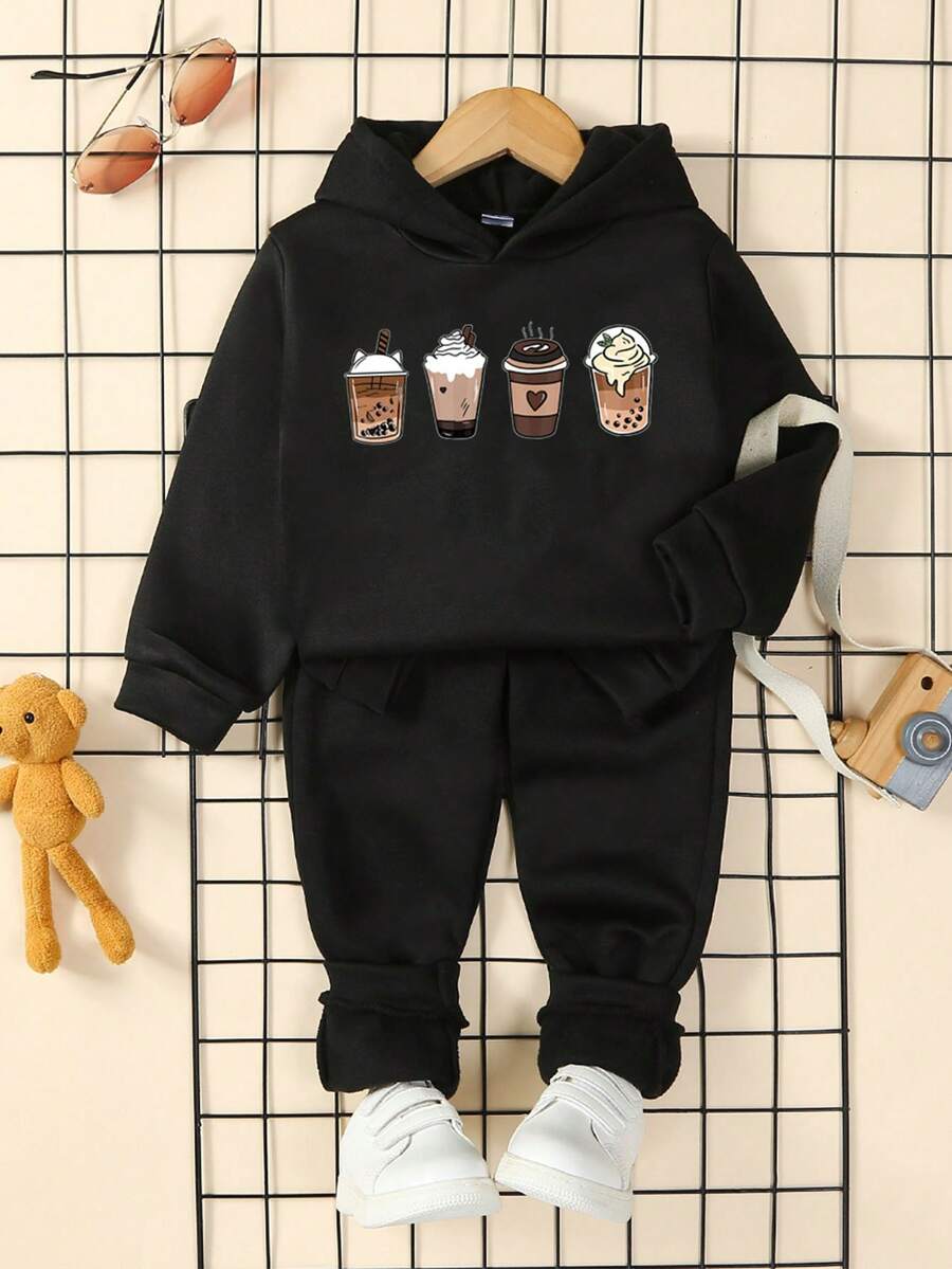 幼童女孩咖啡印花保暖連帽外套和褲套裝 - 黑色 - 查看 1