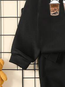 幼童女孩咖啡印花保暖連帽外套和褲套裝 - 黑色 - 查看 4