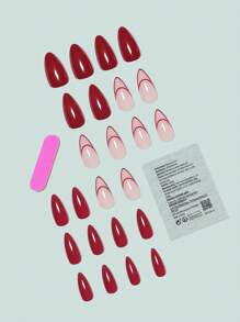 24 Piezas Uñas Postizas En Forma De Almendra, Color Rojo Navideño Con Líneas Sobrias Y Diseño De Estilo Francés Clásico, Ideal Para Fiestas Y Uso Diario - Rojo - Ver 4