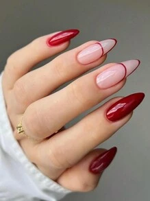 24 Piezas Uñas Postizas En Forma De Almendra, Color Rojo Navideño Con Líneas Sobrias Y Diseño De Estilo Francés Clásico, Ideal Para Fiestas Y Uso Diario - Rojo - Ver 2