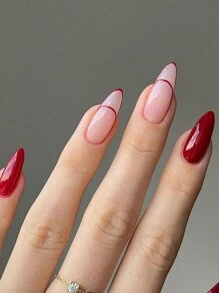 24 Piezas Uñas Postizas En Forma De Almendra, Color Rojo Navideño Con Líneas Sobrias Y Diseño De Estilo Francés Clásico, Ideal Para Fiestas Y Uso Diario - Rojo - Ver 3