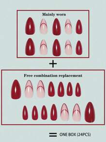 24 Piezas Uñas Postizas En Forma De Almendra, Color Rojo Navideño Con Líneas Sobrias Y Diseño De Estilo Francés Clásico, Ideal Para Fiestas Y Uso Diario - Rojo - Ver 5