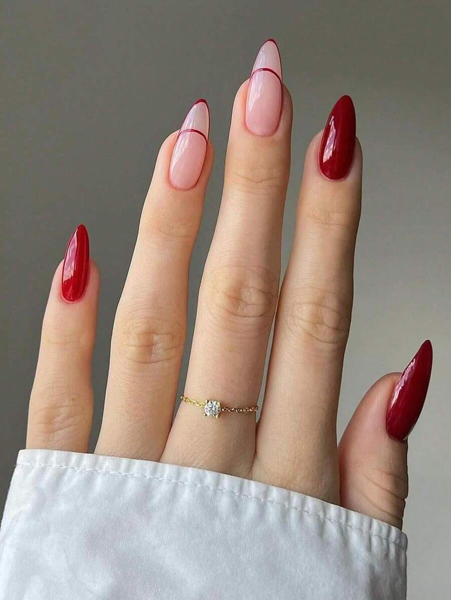 24 Piezas Uñas Postizas En Forma De Almendra, Color Rojo Navideño Con Líneas Sobrias Y Diseño De Estilo Francés Clásico, Ideal Para Fiestas Y Uso Diario - Rojo - Ver 1