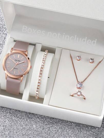 女款簡約時尚啞面盤石英手錶配帶和珠寶套裝（6入組），適用於假日