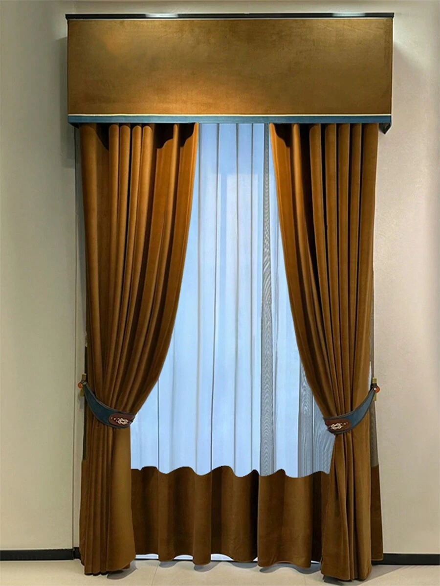 1pc Modern & Simple Style Thick Velvet Curtains With American Style Cloth & Gauze Shade, Suitable For Living Room And Bedroom - pale yellow - View 1