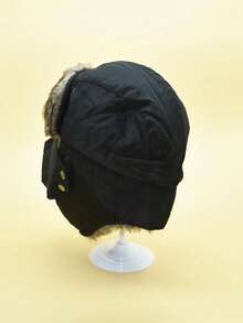 1pc Unisex Solid Color Casual Hat With Mask & Ear Flaps, Windproof & Warm, For Kids/teens - Black - View 3