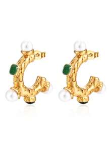 1pair Fashionable And Luxurious Vintage Stainless Steel Earrings Embedded With Pearl And Rhinestone, Suitable For Women's Daily Wear - Yellow Gold - View 3