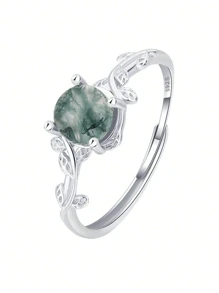 1pc Delicate Four-prong Setting Round Green Chalcedony & Leaf Shaped Silver Ring, Ideal For Engagement & Wedding Gift