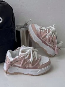 冬季新品女增高粗運動鞋復古百搭學生休閒運動鞋 - 粉色 - 查看 2
