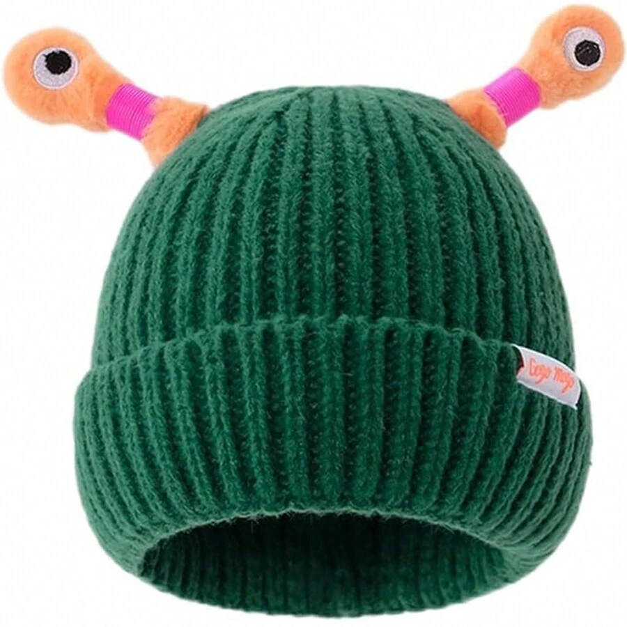 Mũ len ấm áp thiết kế hoạt hình vui nhộn với mắt và gạc phát sáng để bảo vệ tai cho phụ nữ Beanie dễ thương - Màu xanh lá cây đậm - Xem 1