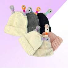 Mũ len ấm áp thiết kế hoạt hình vui nhộn với mắt và gạc phát sáng để bảo vệ tai cho phụ nữ Beanie dễ thương - Màu xanh lá cây đậm - Xem 2