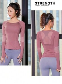 1pc Women's Long-Sleeved Sports Yoga Top With Moisture Wicking Technology In Magenta For Autumn And Winter Basic T Shirt Tight Shirts